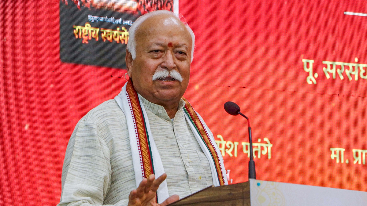 RSS chief Mohan Bhagwat speaks at the release of a magazine, in Nagpur, Thursday, April 18, 2024. (PTI Photo)